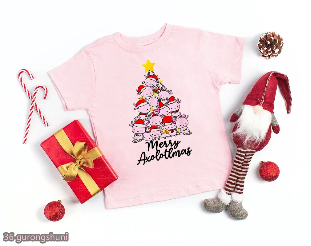 Camiseta infantil estampado axolotl para Navidad con manga corta