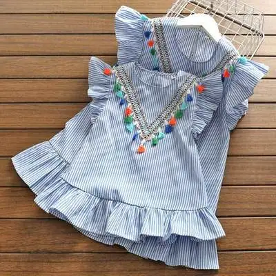 Vestido a juego madre e hija con borlas a rayas y manga volante - imagen 4