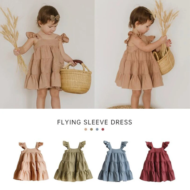 Vestido de lino y algodón con tirantes y volantes para niña - imagen 3