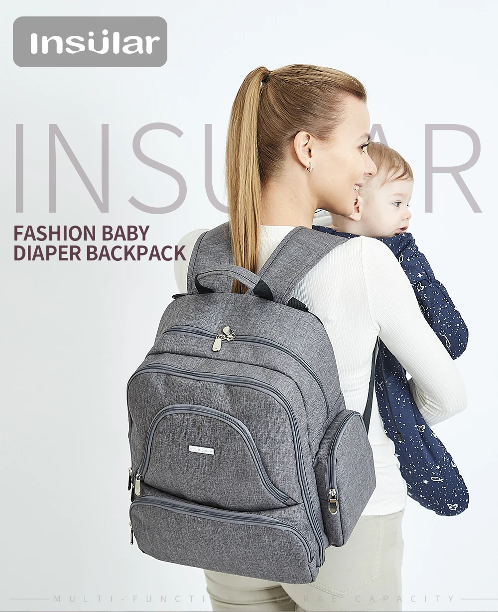 Vista frontal de la mochila pañalera Kacakid con estampado infantil