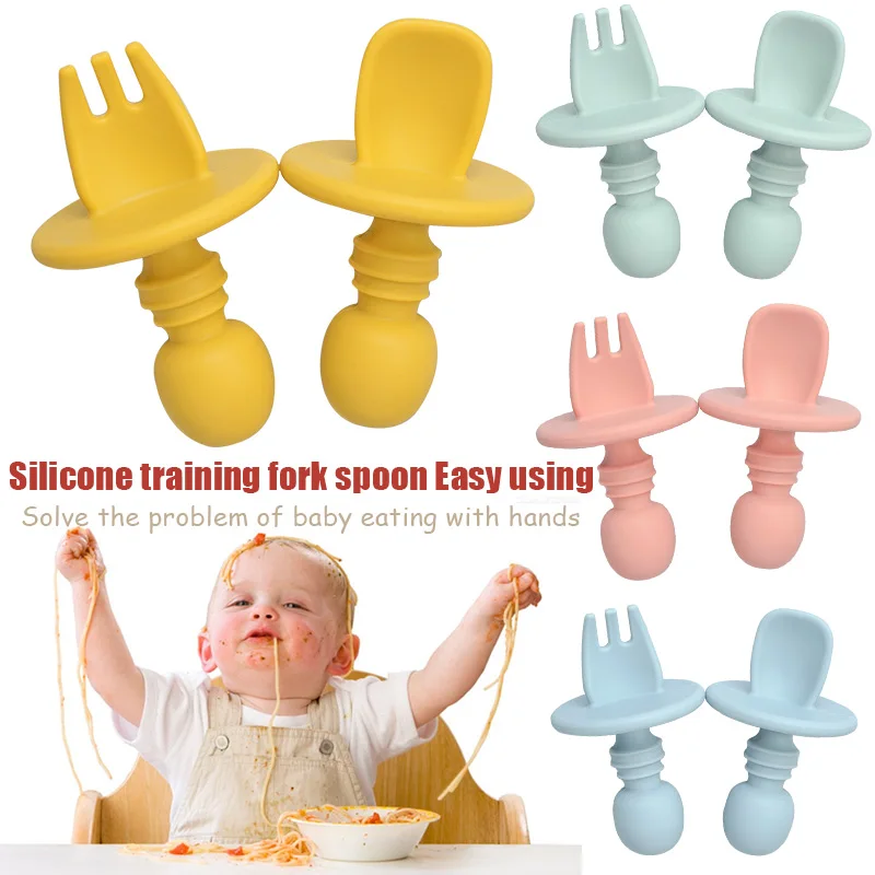 Cubiertos de silicona para bebé - Tenedor y cuchara entrenamiento