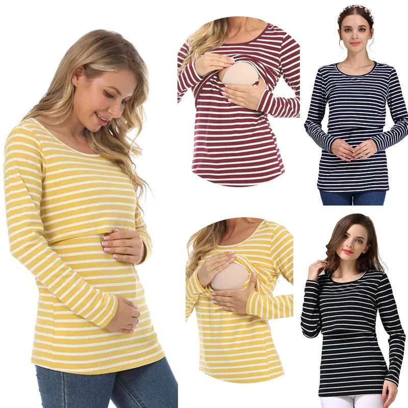 Camiseta maternity a rayas – Algodón manga larga para embarazo y posparto