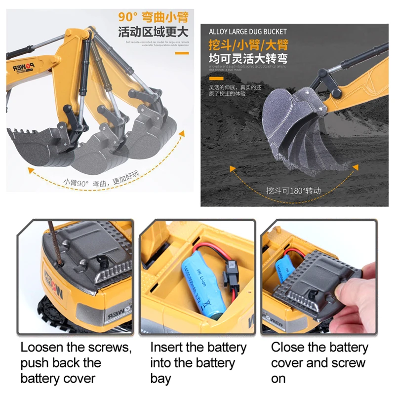 Excavadora radiocontrol 1:24 para niños – Juguete metálico de ingeniería - imagen 2