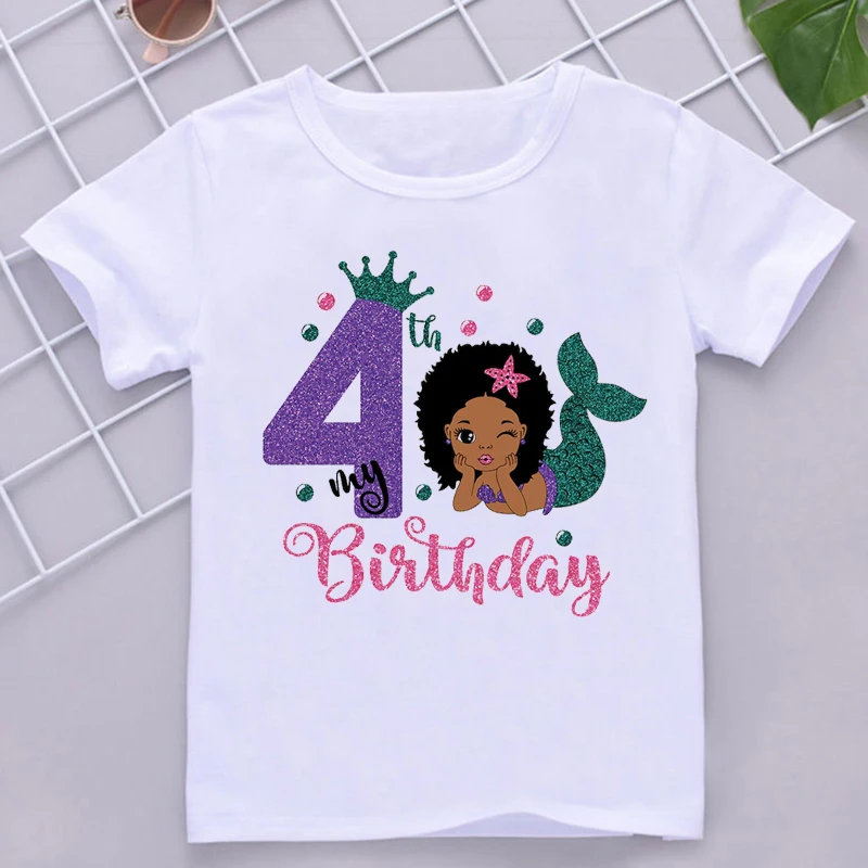 Camiseta sirenita con números para niña – Manga corta de algodón