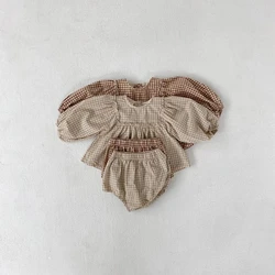 MILANCEL - Conjunto a cuadros con blusa y pantalón corto para niña
