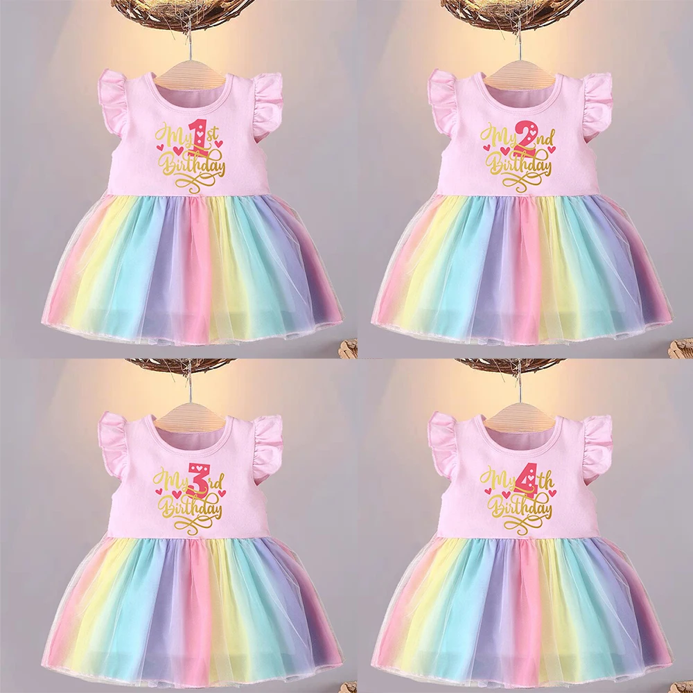 Vestido infantil de verano con letras doradas - Algodón arcoíris