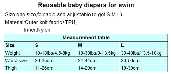 Guía de tallas del pañal de natación ajustable