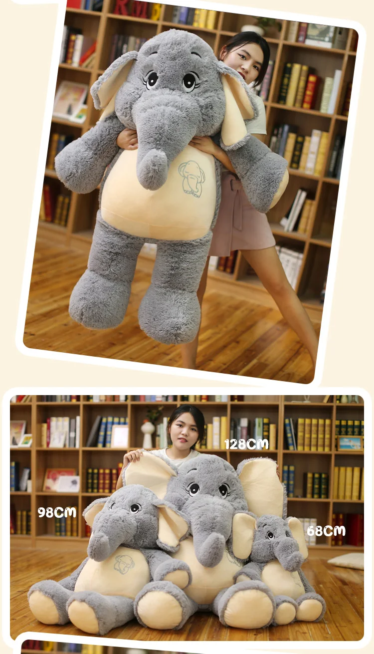 Elefante de peluche gris gigante de cuerpo largo con orejas grandes