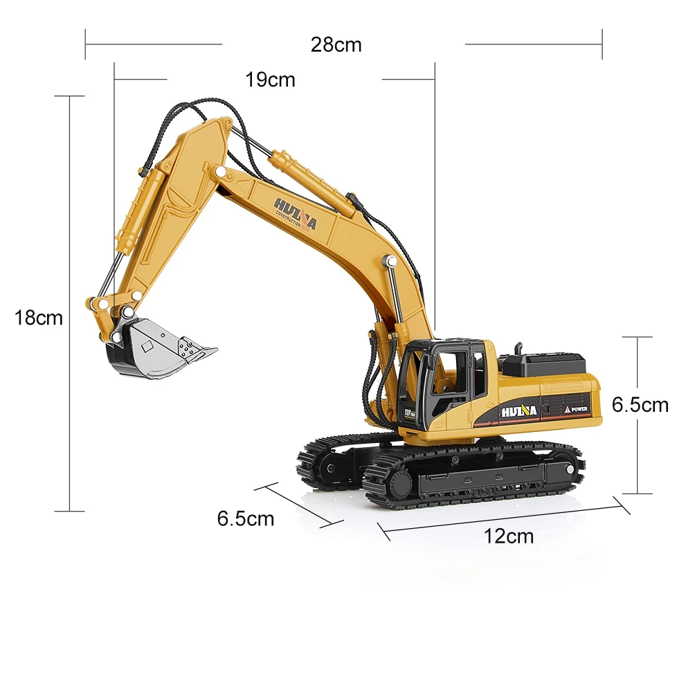 Modelo frontal de la excavadora Huina 7710 mostrando detalles del brazo y cucharón