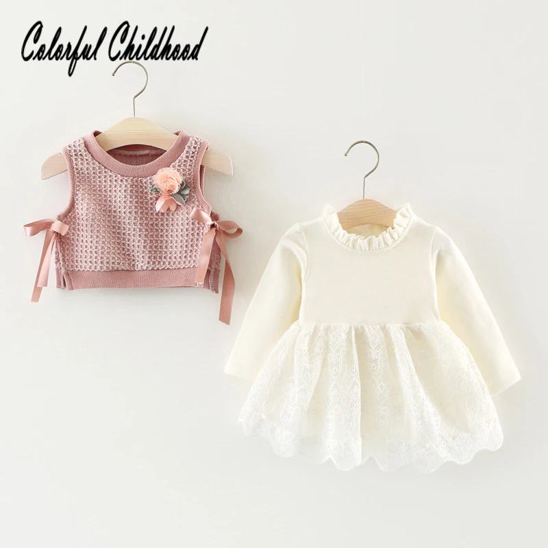 Vestido de otoño de punto para niñas con efecto conjunto manga larga