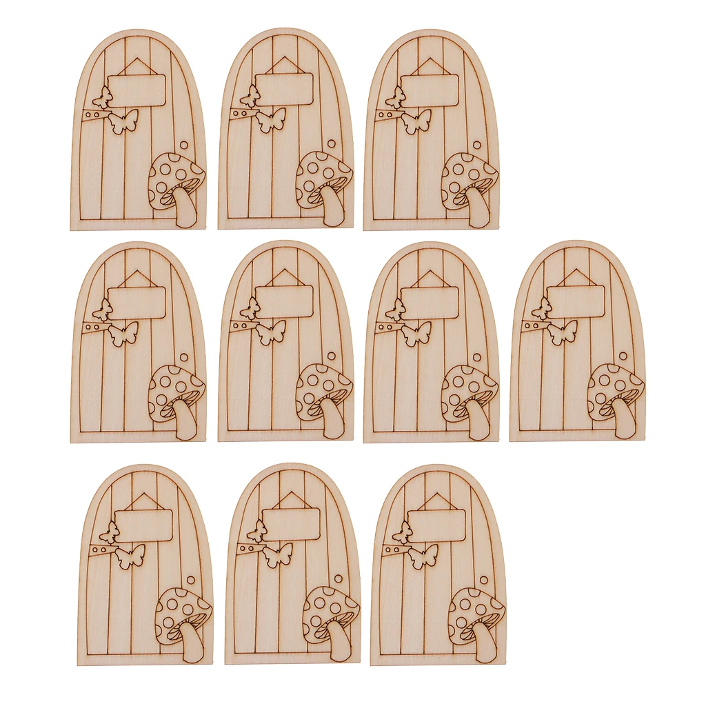 Juego de 10 puertas de hadas en madera sin pintar, 10 cm de alto