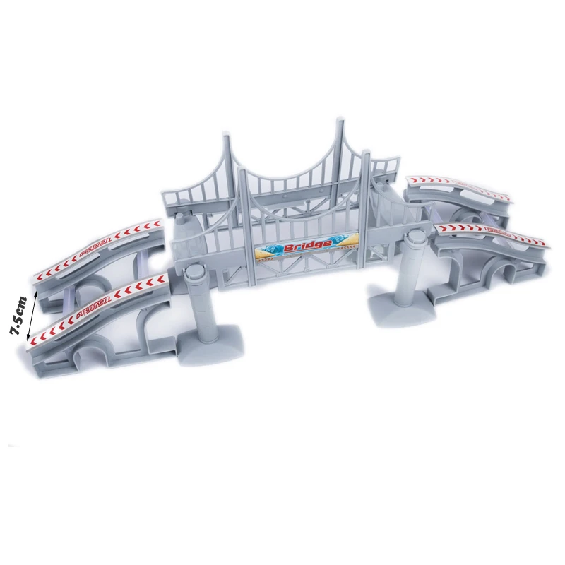 Pista de carreras infantil con luces LED, rampa, puente y cruce para niños