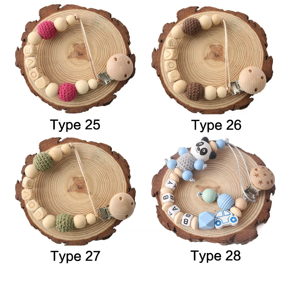 Cadena de madera de haya para chupete con nombre personalizado y cuentas de colores