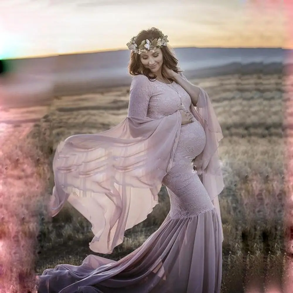 Vestido de maternidad de encaje sin hombros para sesión de fotos - imagen 3