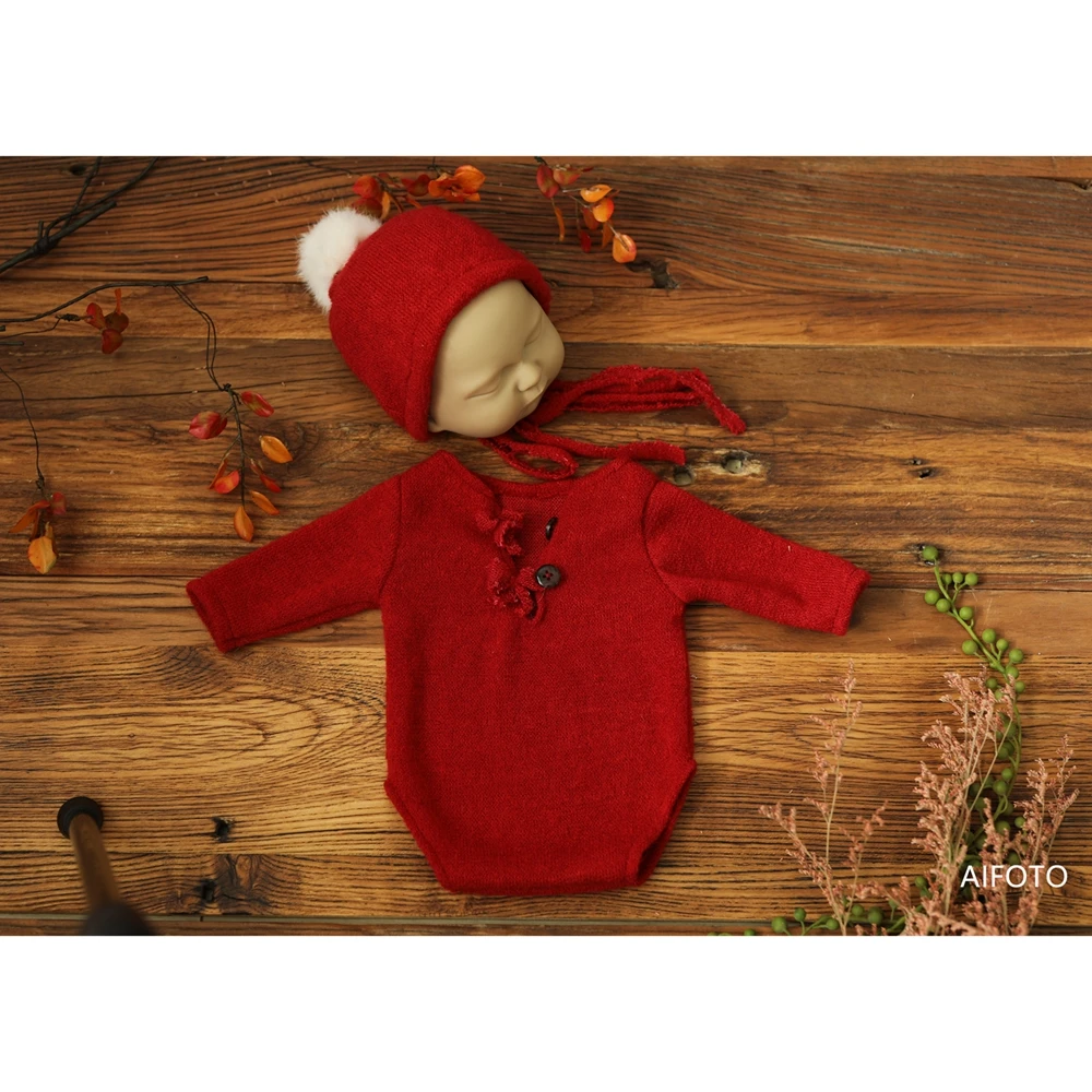 Conjunto de fotografía recién nacido rojo Navidad con gorro - imagen 2