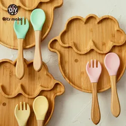 Plato para bebé de madera y silicona con cubiertos ergonómicos