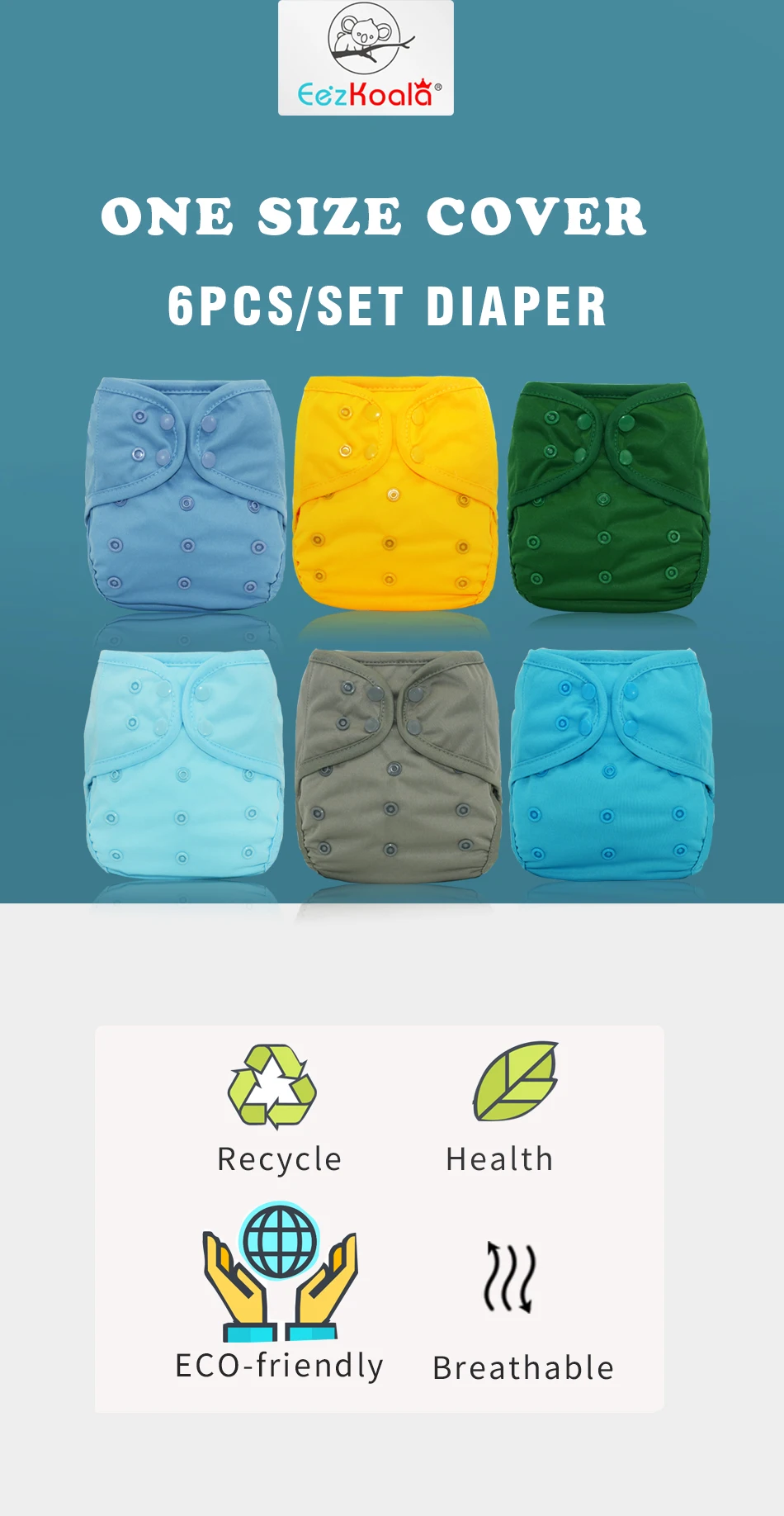 Pañal de tela EezKoala frontal con diseño colorido