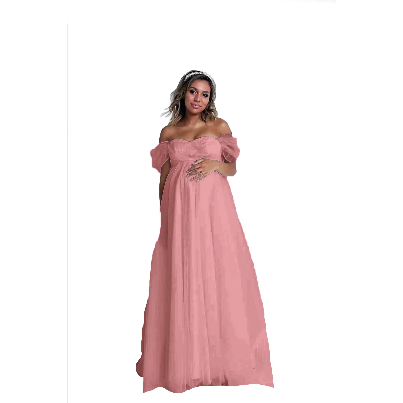 Vestido de embarazo sin tirantes, encaje con cuello en V elegante - imagen 4