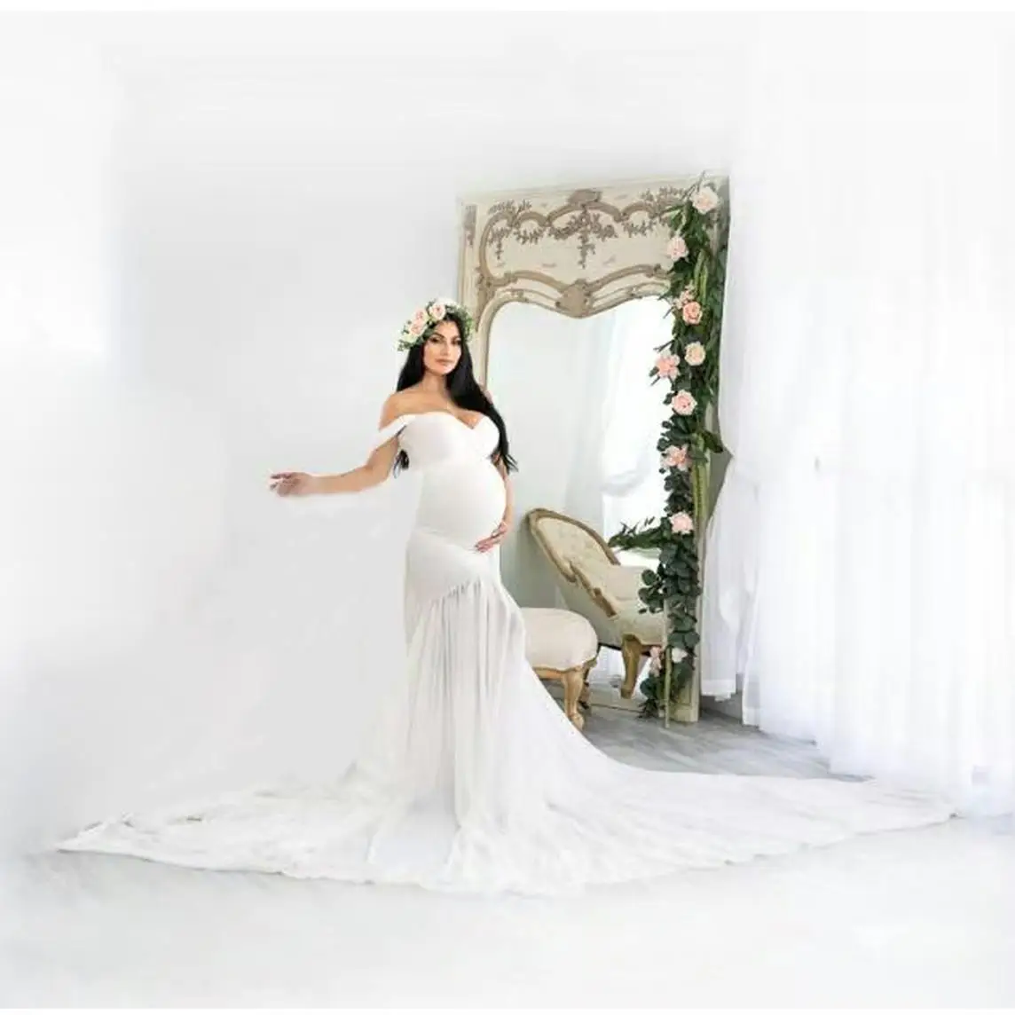 Vestido largo de maternidad sin hombros para fotos elegantes - imagen 5
