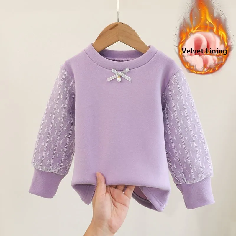 Camiseta de algodón con forro de terciopelo y encaje para niña - imagen 4
