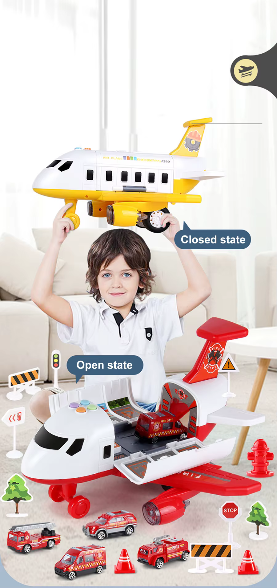 Niño jugando con el avión QWZ en una alfombra