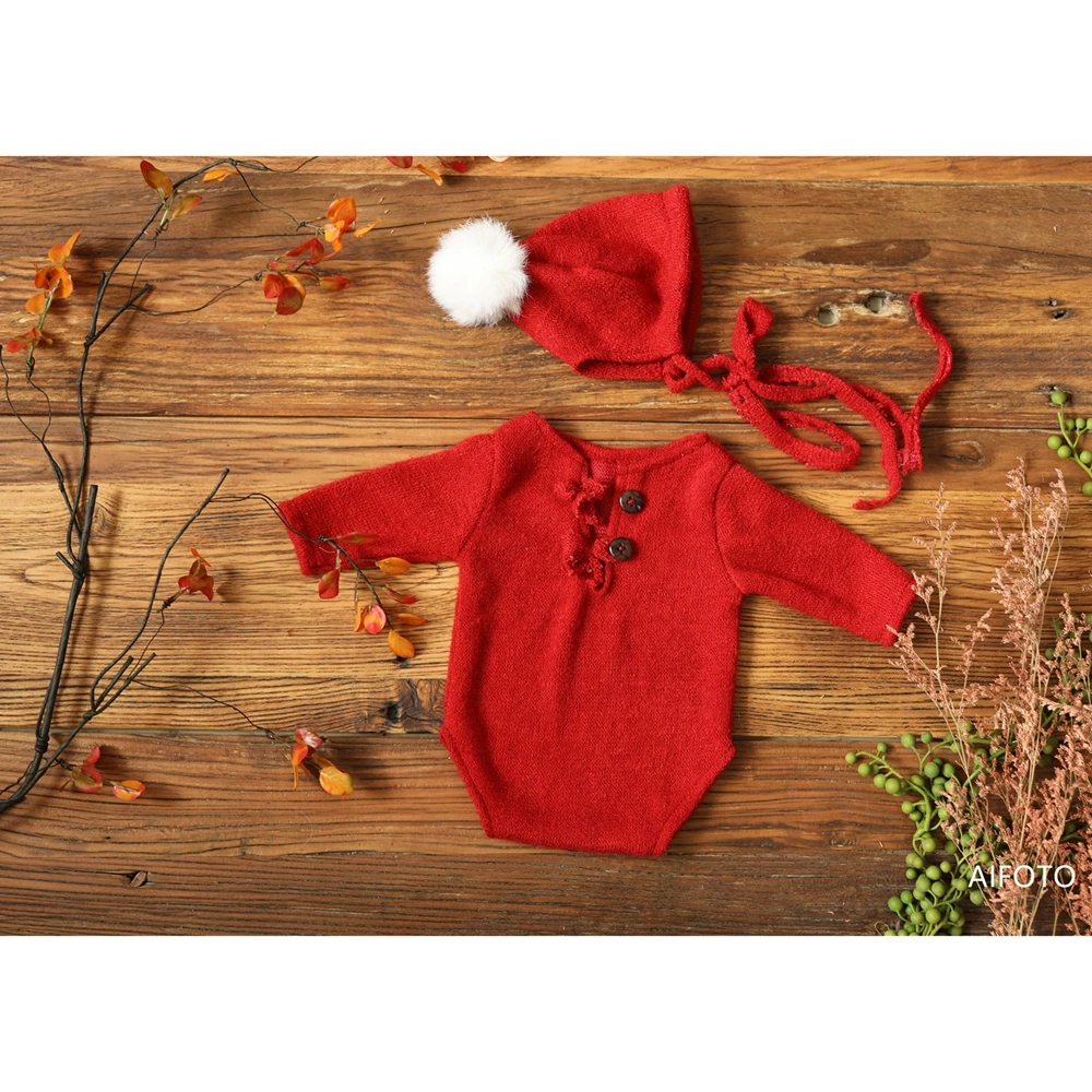 Conjunto de fotografía recién nacido rojo Navidad con gorro - imagen 4