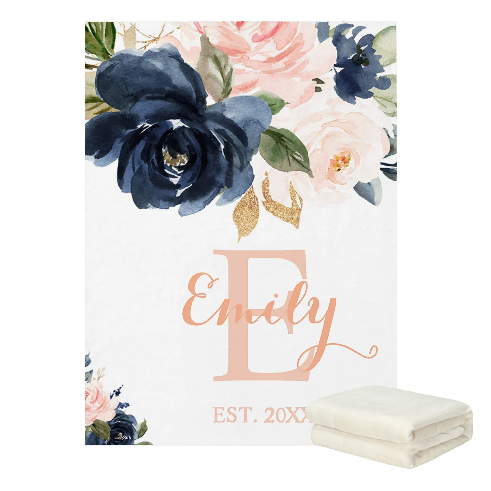 Manta de bebé con nombre personalizado – Estilo floral acuarela - imagen 2
