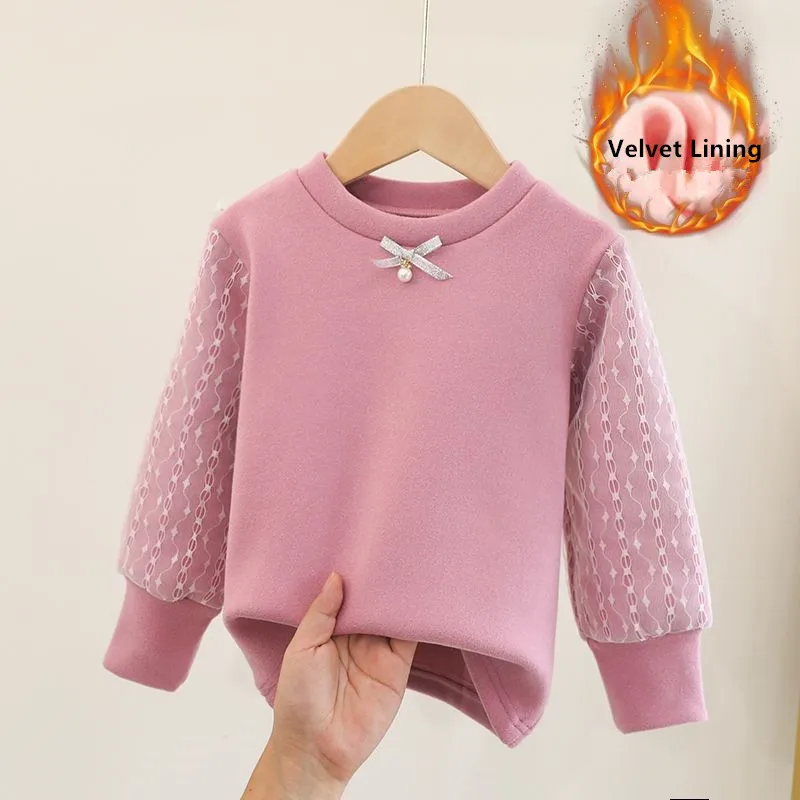 Camiseta de algodón con forro de terciopelo y encaje para niña - imagen 5