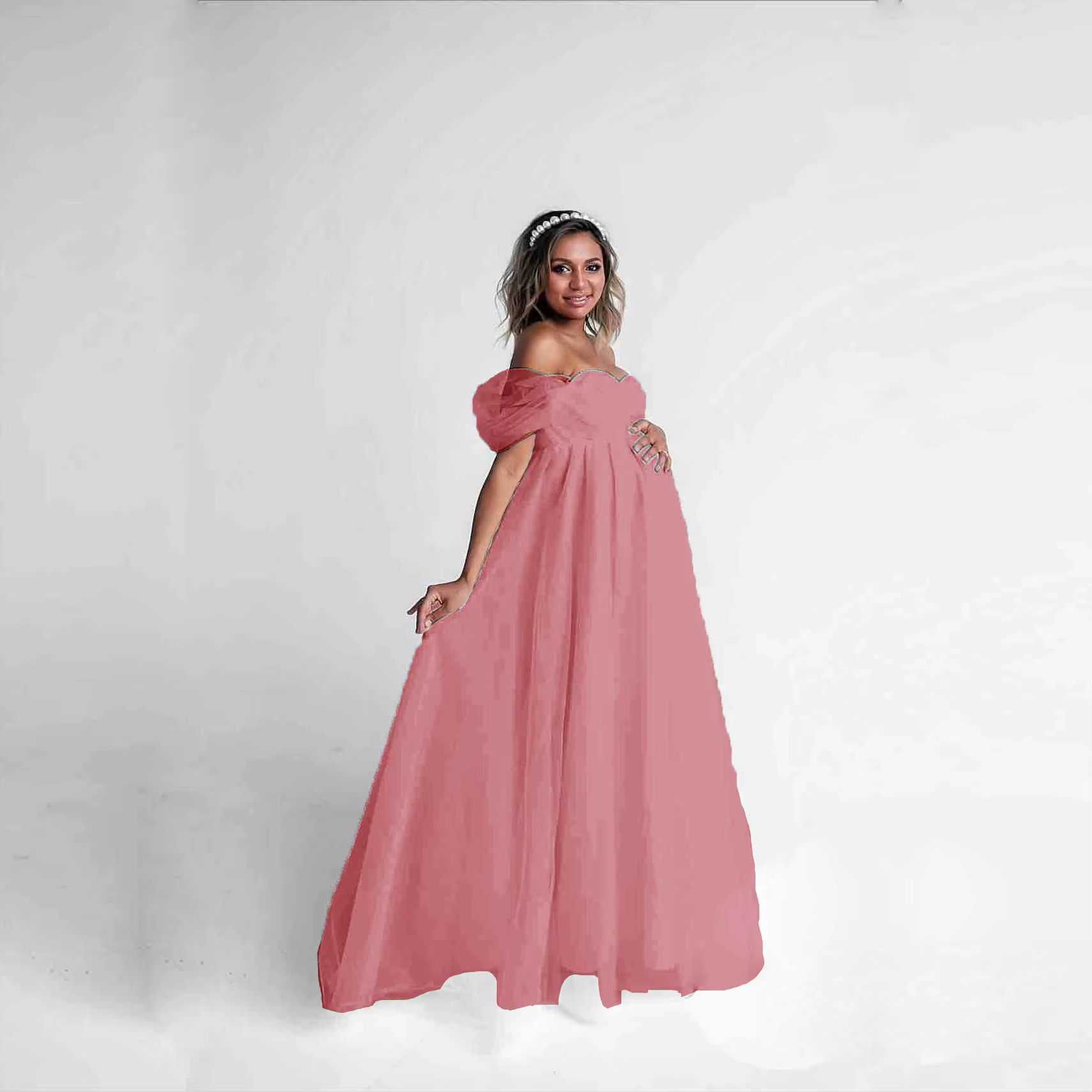 Vestido de embarazo sin tirantes, encaje con cuello en V elegante - imagen 5