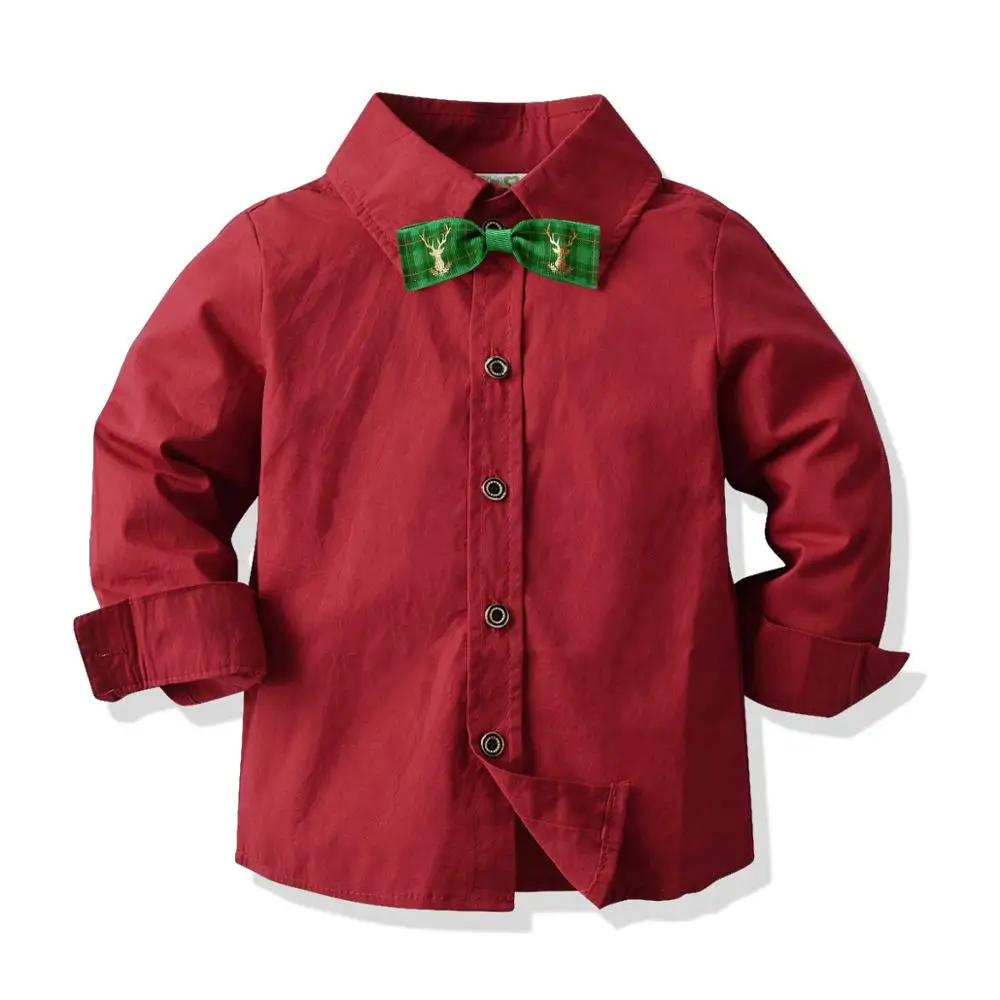 Camisa manga larga de algodón rojo vino con pajarita para niño - imagen 2