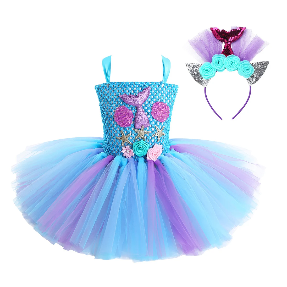 Vestido de princesa infantil con falda tutú y diadema floral