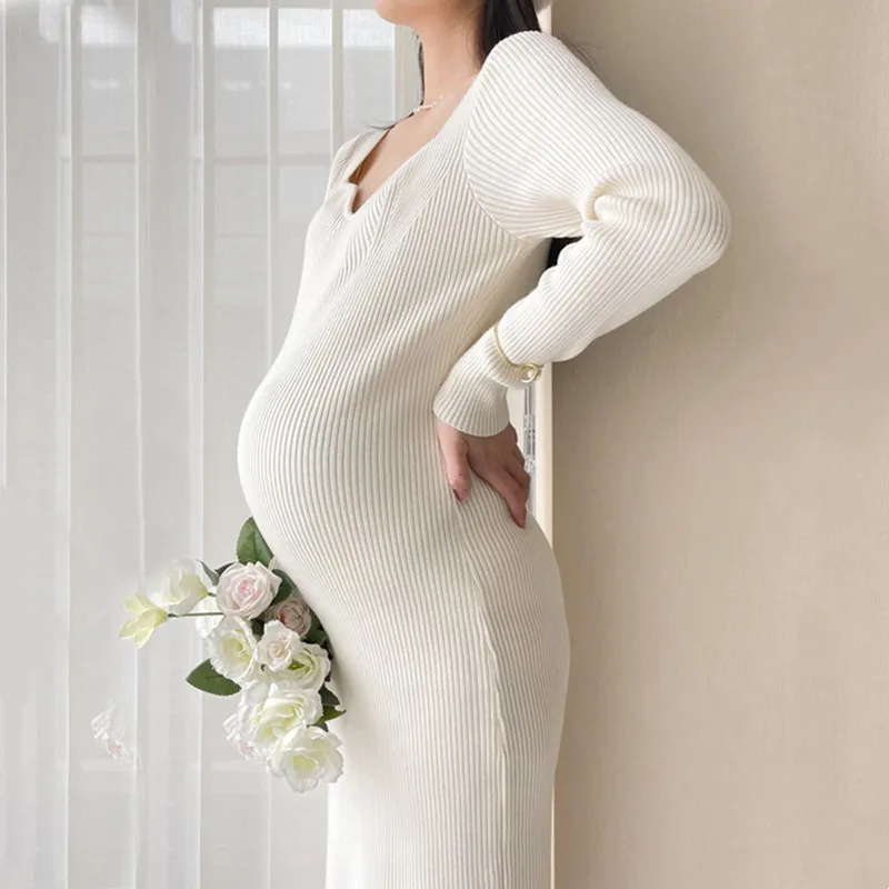 Vestido de embarazo de punto elástico de manga larga para otoño