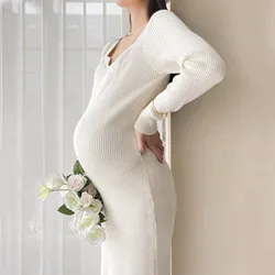 Vestido de embarazo de punto elástico de manga larga para otoño