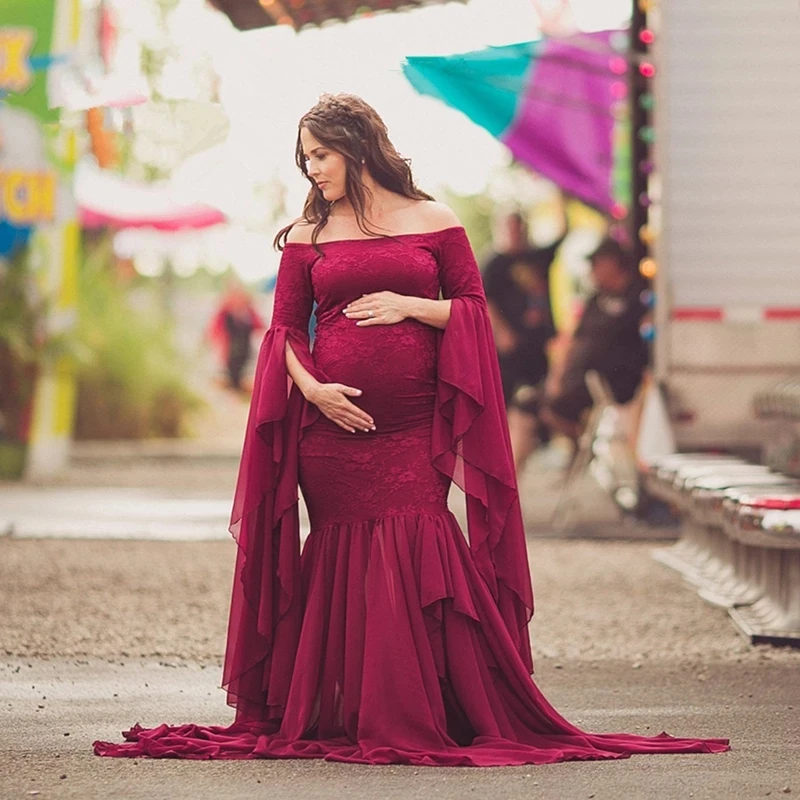 Vestido de maternidad de encaje sin hombros para sesión de fotos - imagen 5