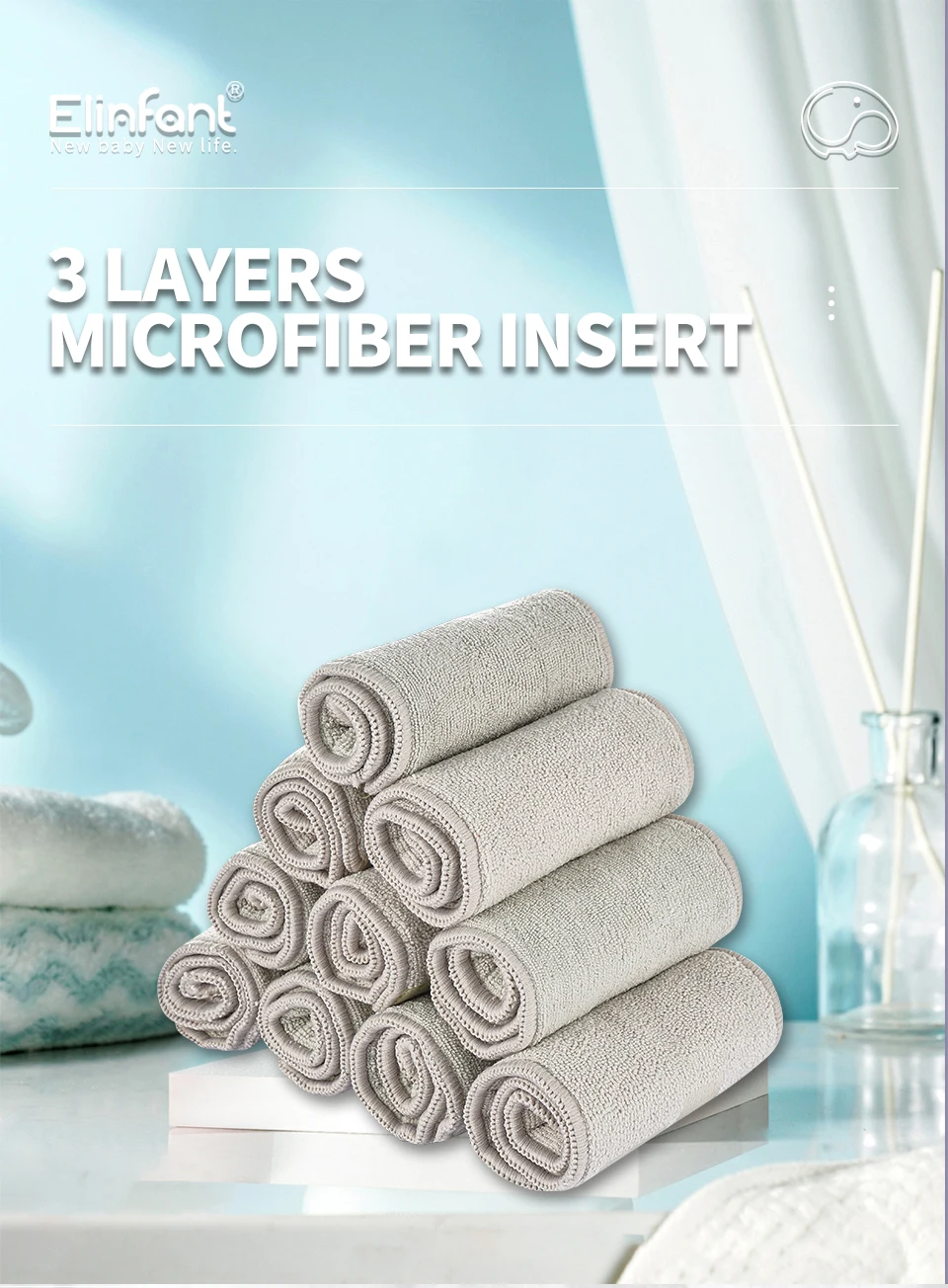 Insertos de microfibra gris apilados, vista superior con detalle de costuras