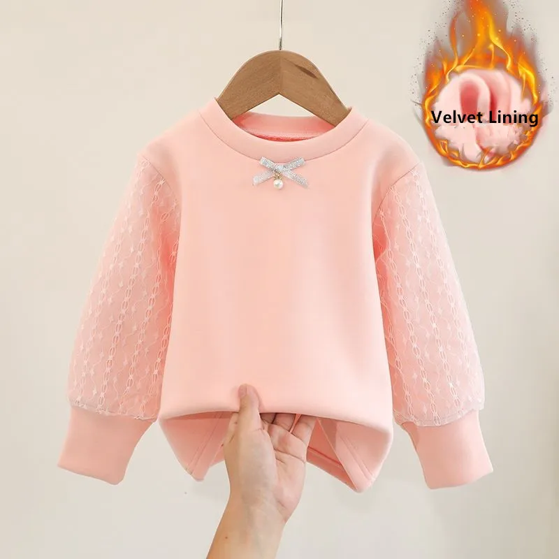 Camiseta de algodón con forro de terciopelo y encaje para niña - imagen 2