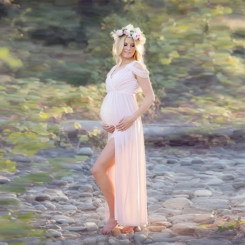 Vestido premamá largo con abertura frontal para sesión de fotos - imagen 5