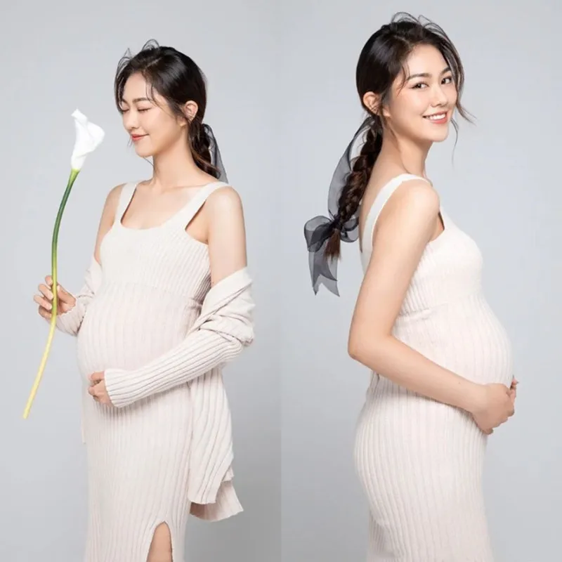 Vestido premamá ajustado de manga larga para embarazada – Elegante color sólido - imagen 4