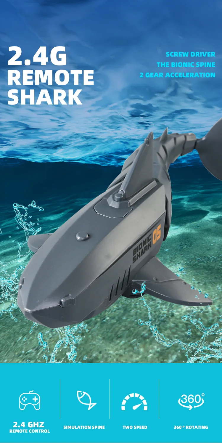 Detalle del tiburón RC en el agua