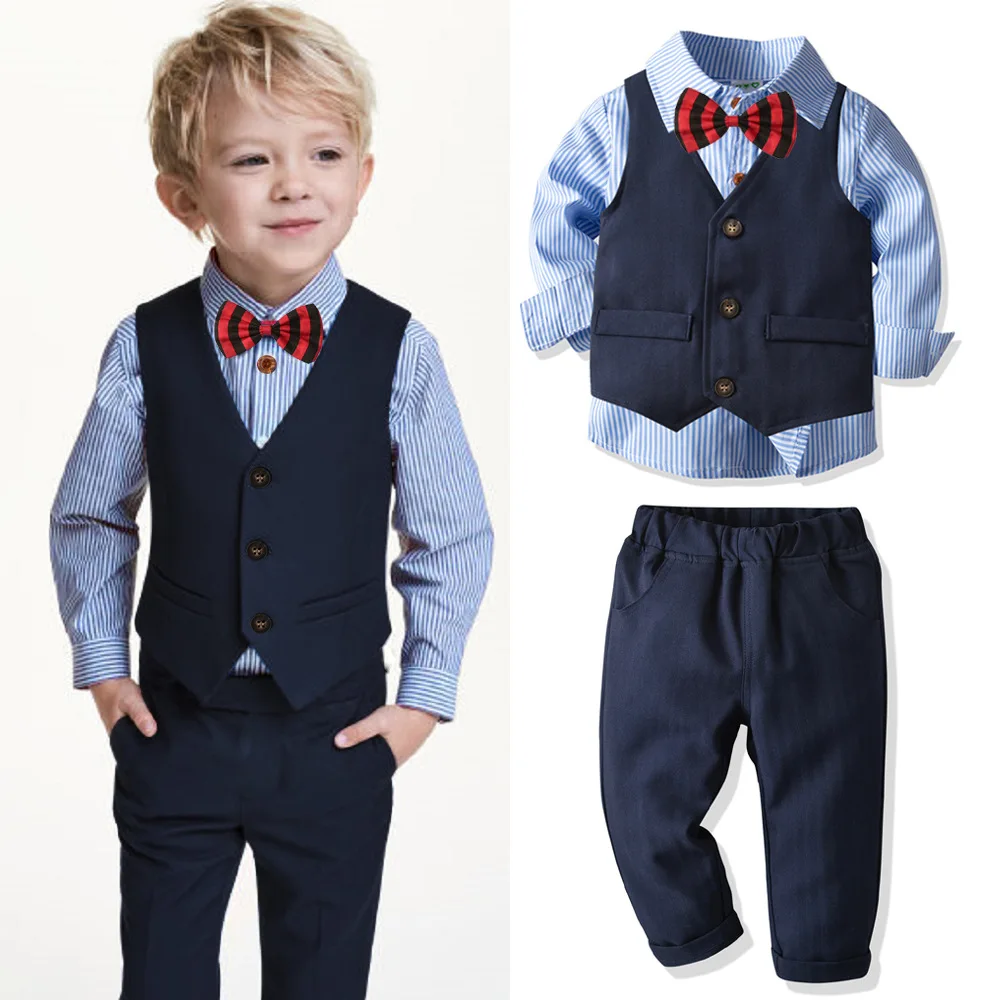 Traje de niño formal con camisa a rayas y chaleco estilo británico - imagen 4