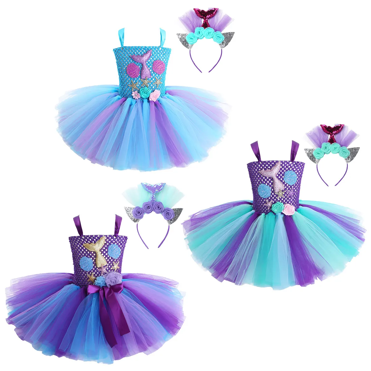 Vestido infantil de cosplay con diseño de sirena y falda de tul