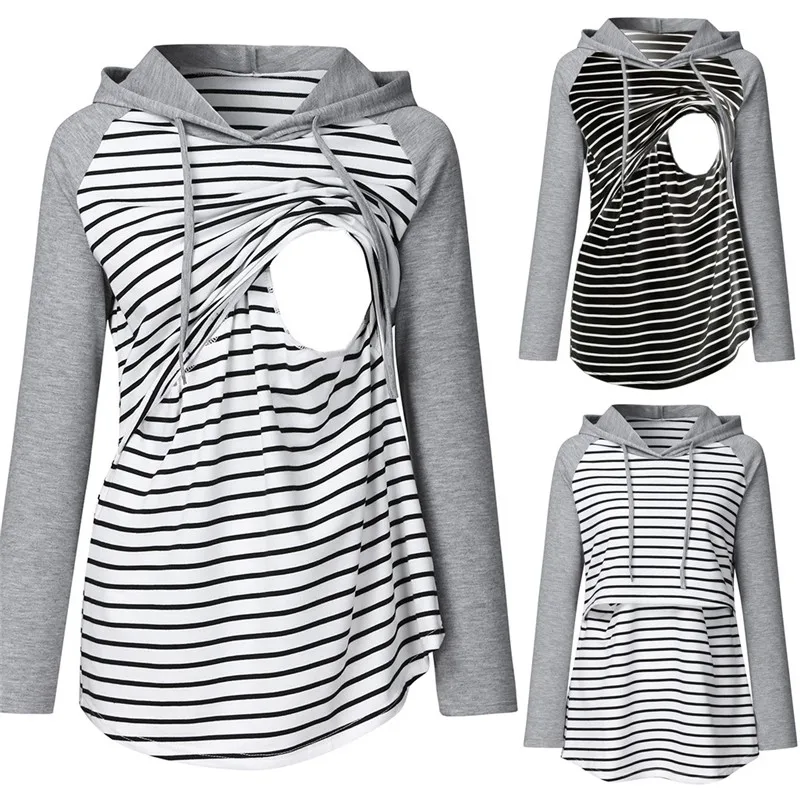 Sudadera de lactancia a rayas con capucha para amamantar - imagen 5