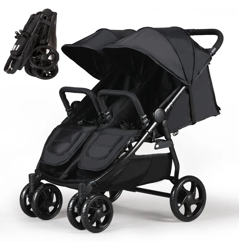 Cochecito gemelar plegable con ruedas reforzadas y doble asiento