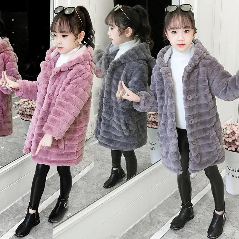 Abrigo de invierno para niña con capucha de piel sintética - imagen 3