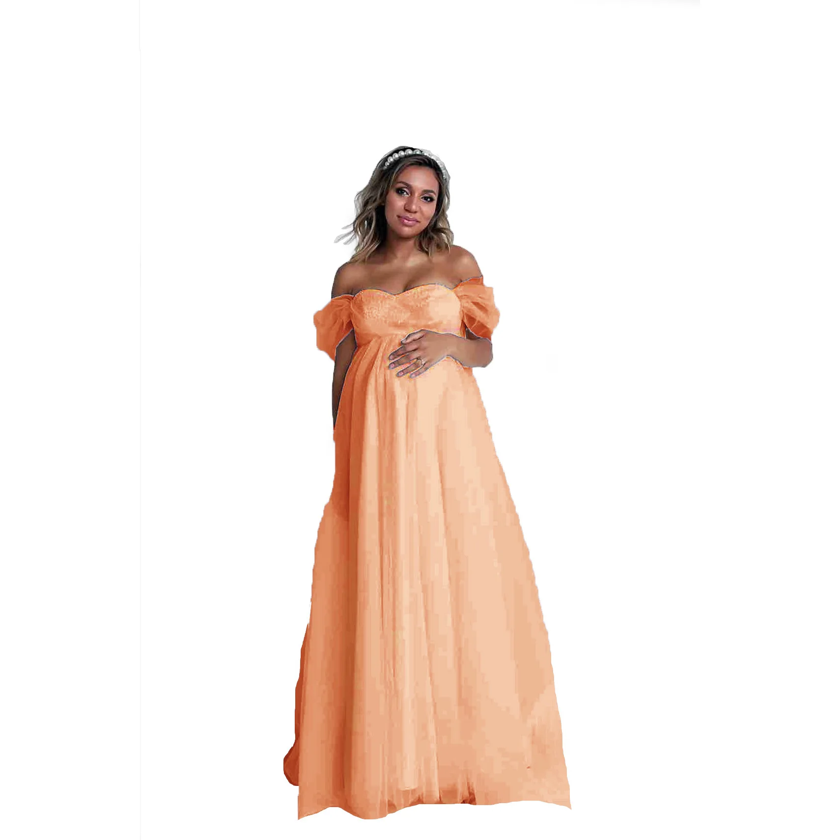 Vestido de embarazo sin tirantes, encaje con cuello en V elegante