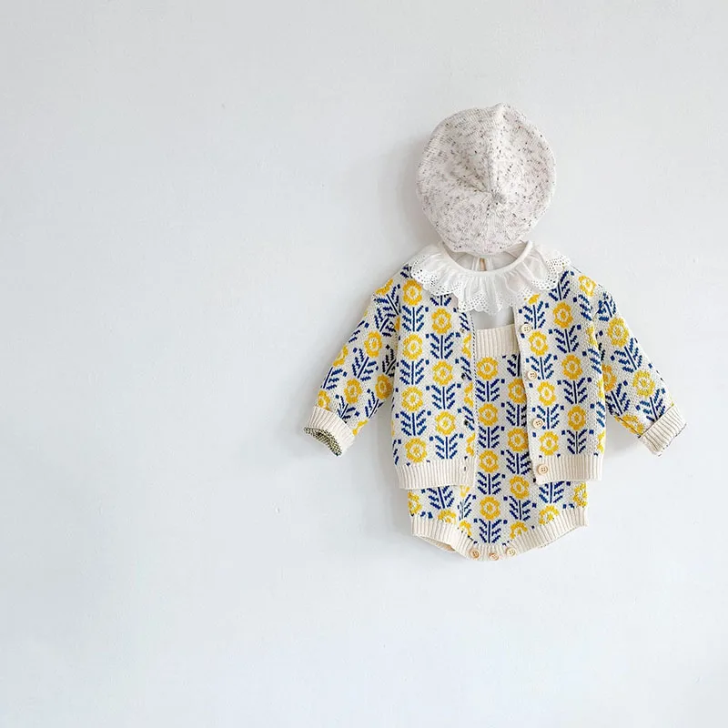 MILANCEL Conjunto otoño para bebé niña – Cárdigan tejido y mono floral