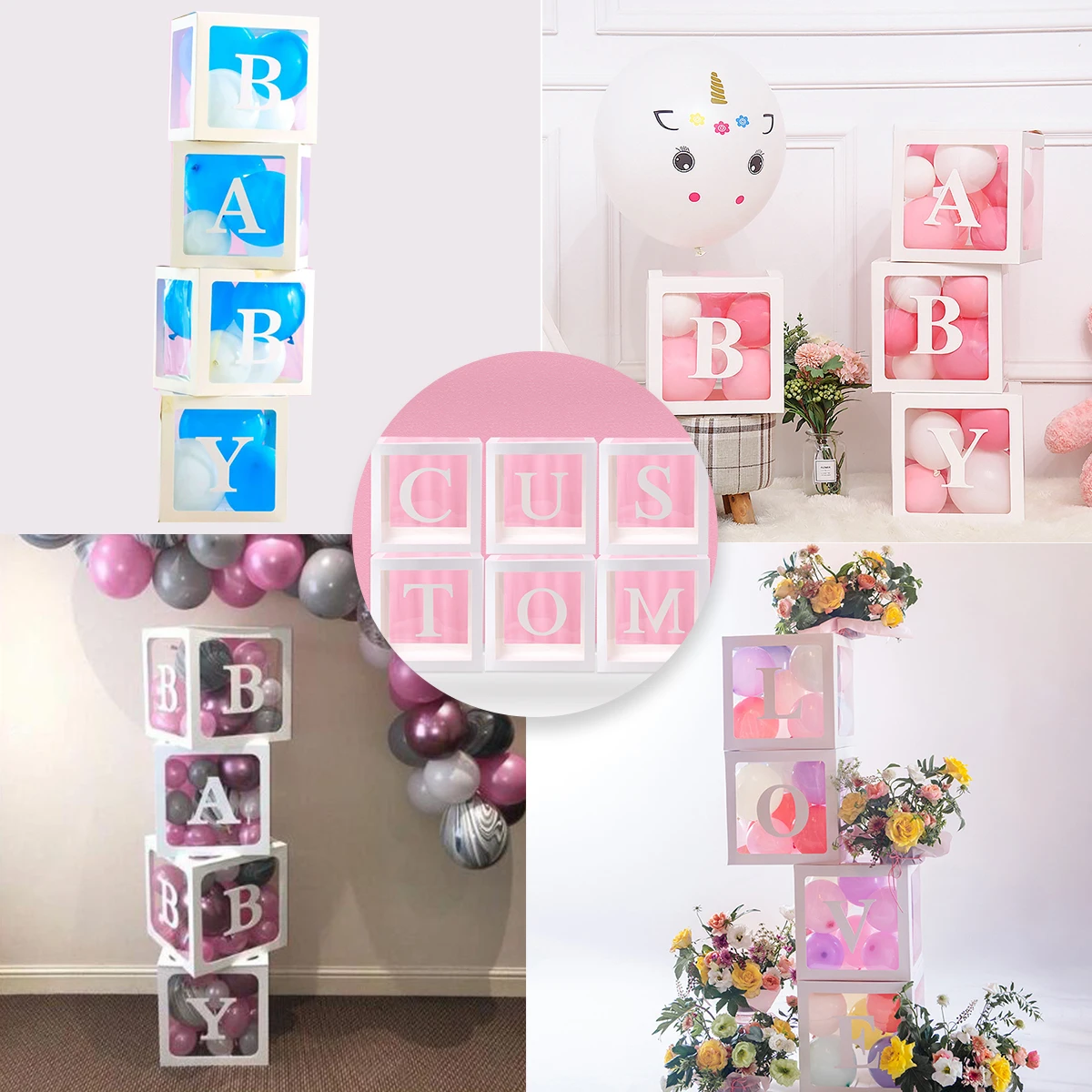 Detalle de letras y globos dentro de la caja