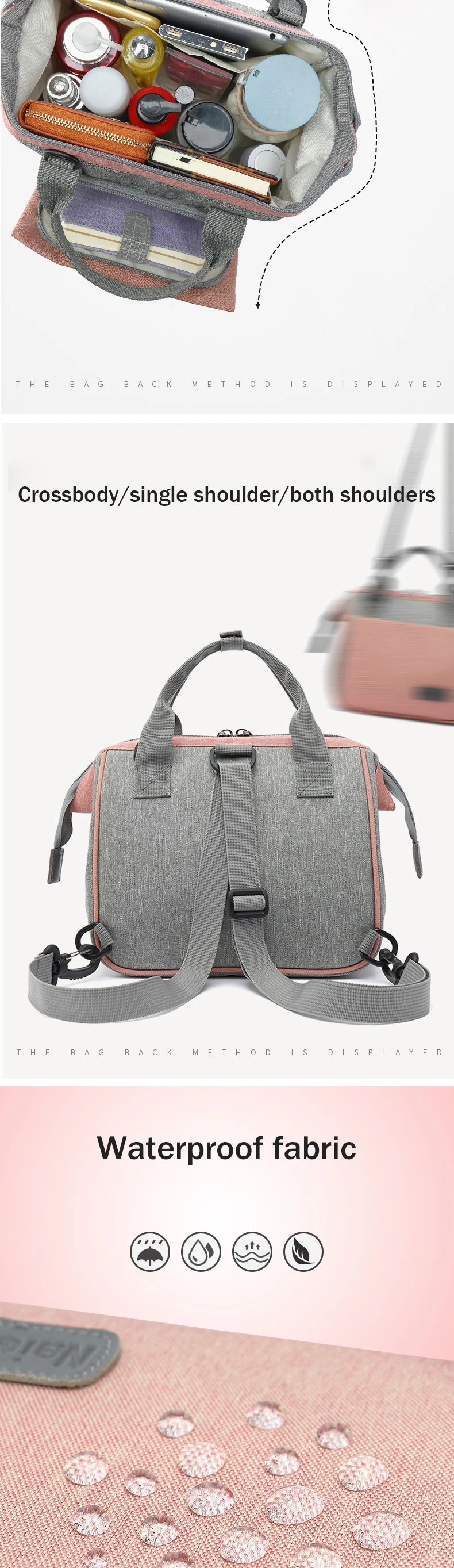 Vista frontal de la bolsa con diseño neutral y moderno