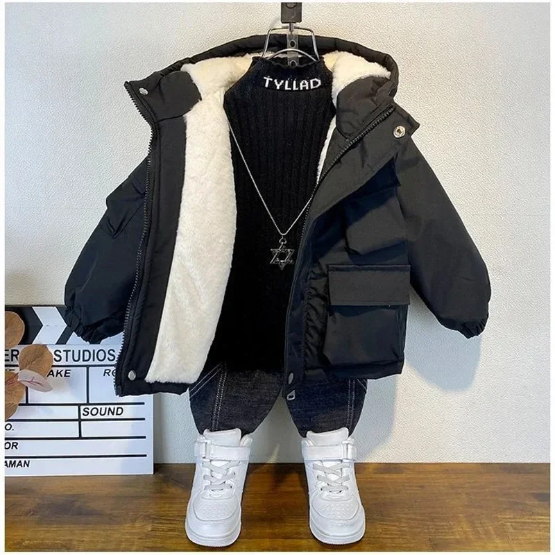 Parka infantil negra con capucha y algodón para niños - imagen 4