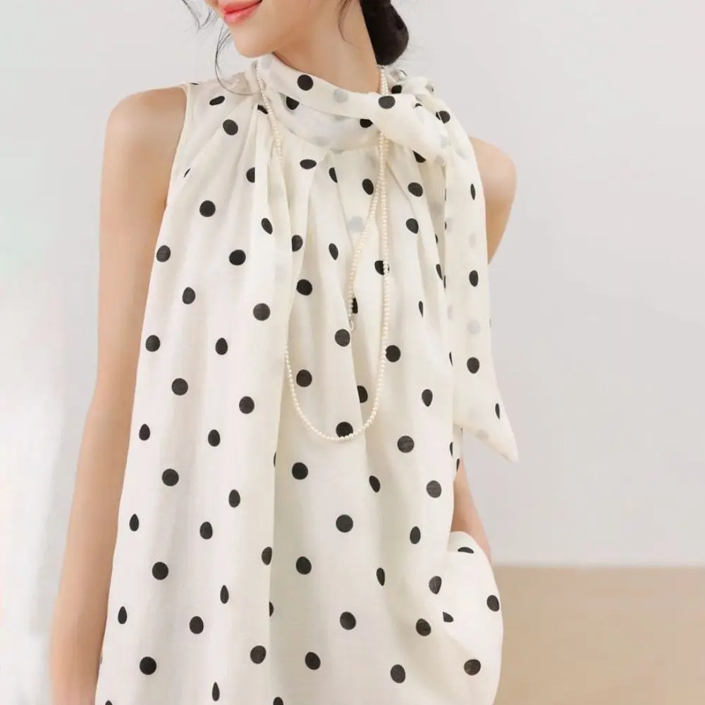 Camisa retro con lazo y lunares suaves, top halter francés - imagen 3